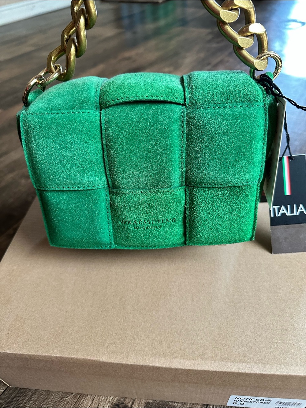 Green Suede Woven Shoulder Bag with Gold Chain